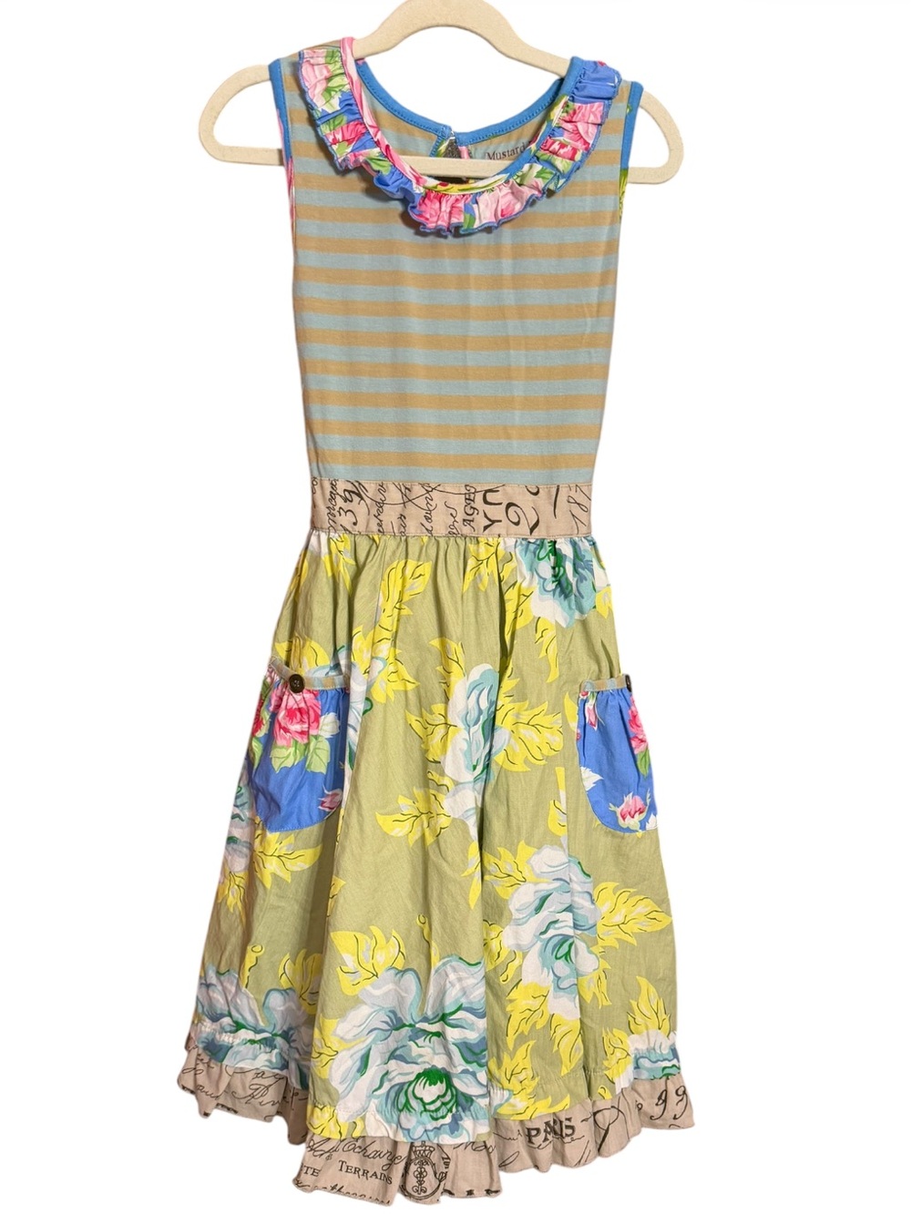 Mustard Pie Floral Stripe Dress with Blue Accents Size 8